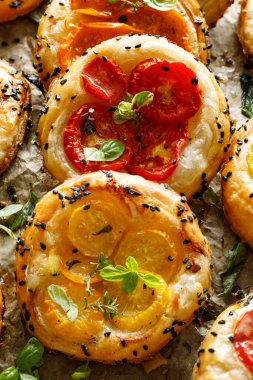 Farklı renkte domatesli mini domatesli börek, taze otlar serpiştirilmiş, yakın görüş. Lezzetli vejetaryen yemeği.