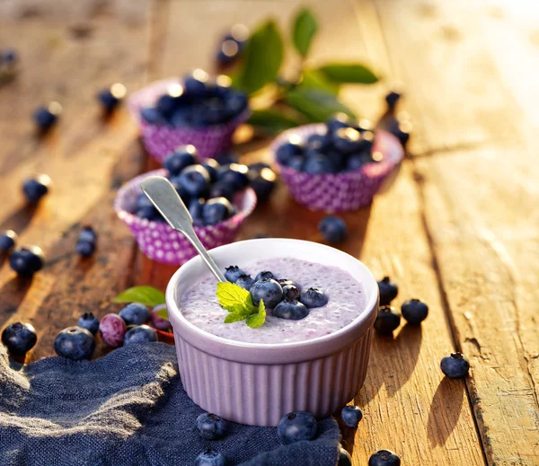 Pudim de semente de chia com mirtilos orgânicos — Fotografia de Stock