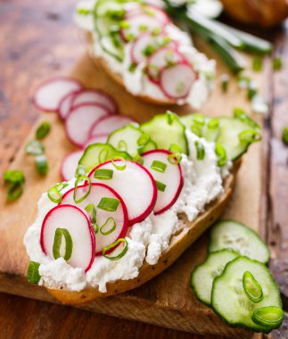Süzme peynir, turp, salatalık ve yeşil soğan ile sandviç. Sağlıklı ve lezzetli kahvaltı