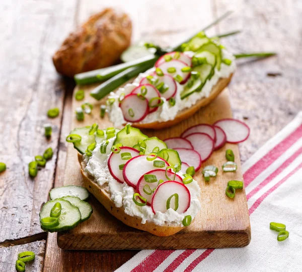 Sandwich with cottage cheese, radish, cucumber and scallion. — Stock Photo, Image
