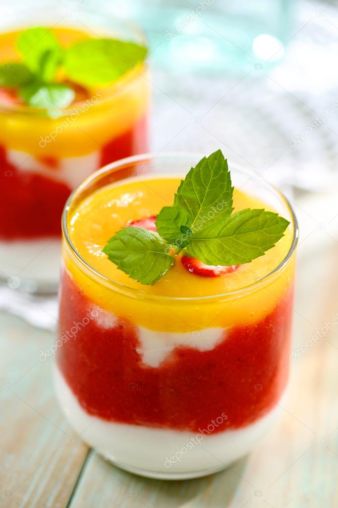 Fruity dessert with strawberries and mango