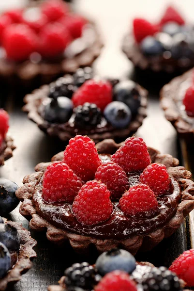 与新鲜树莓巧克力蛋挞 — 图库照片