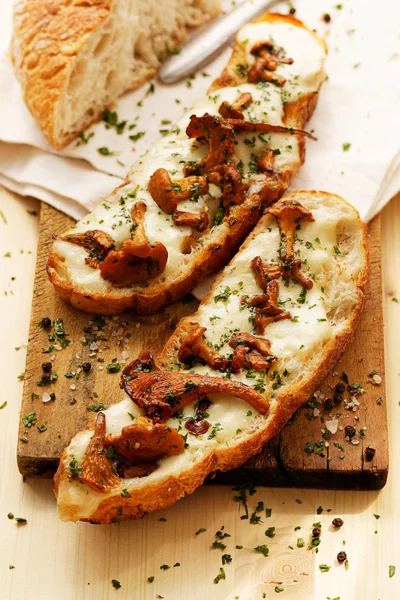 Bruschetta con funghi finferli, mozzarella e prezzemolo — Foto Stock