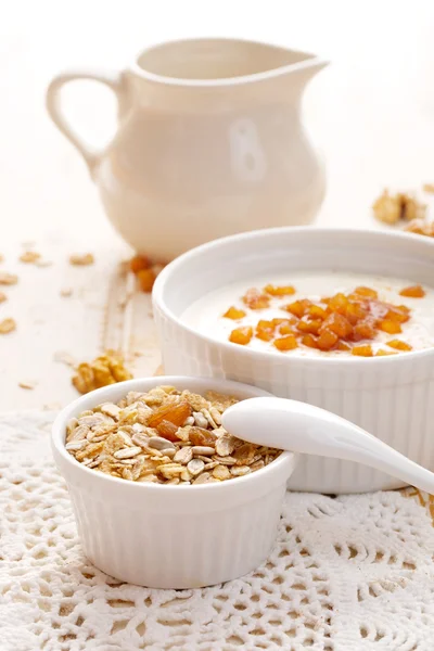 Iogurte delicioso com maçãs torradas e muesli — Fotografia de Stock