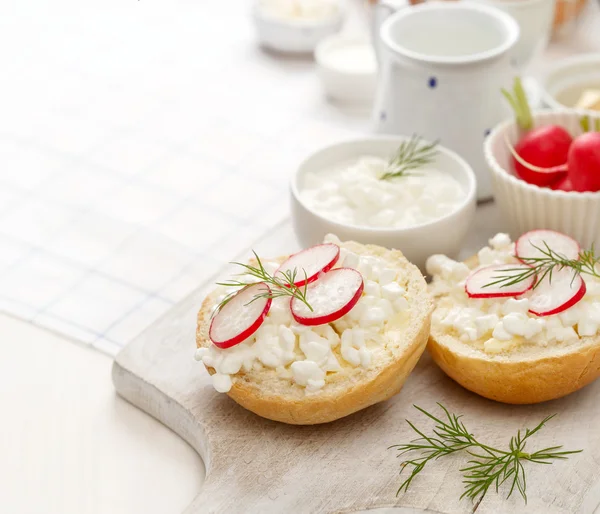 Sanduíche com queijo cottage com rabanete fresco e endro na placa branca closeup — Fotografia de Stock