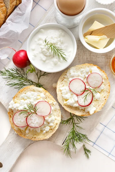 Sanduíche com queijo cottage com rabanete fresco e endro na vista superior da placa branca — Fotografia de Stock