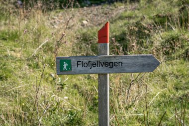 FLO, NORway - 2020 Ağustos 10. Flovegen 'e giden yolu gösteren dağ yürüyüşü işareti.