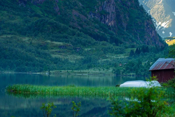 Flo Norway 2020 August Morning Sun Lake Boathouse — Stock Photo, Image