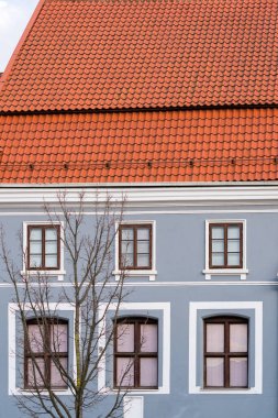 Vilnius, Litvanya - 2020 Mart 05. Vilnius 'un merkezindeki eski renkli kasaba evleri..