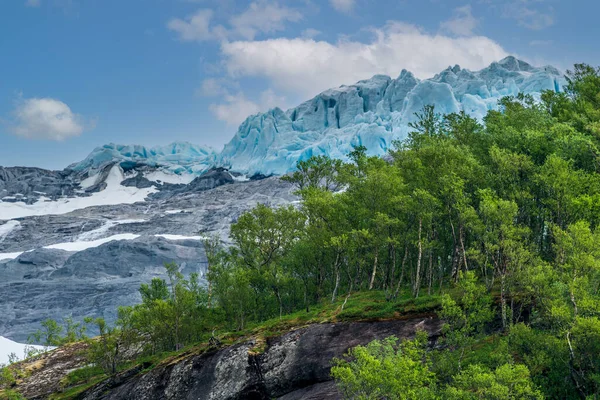 Loen Norway 2020 Hazi Ran Önünde Yeşil Ağaçlarla Briksdalsbreen Buzulu — Stok fotoğraf