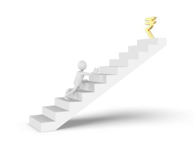 3D karikatür adam merdivenlerde çabalayıp Hint Rupisi sembolüne doğru elini kaldırıyor. 