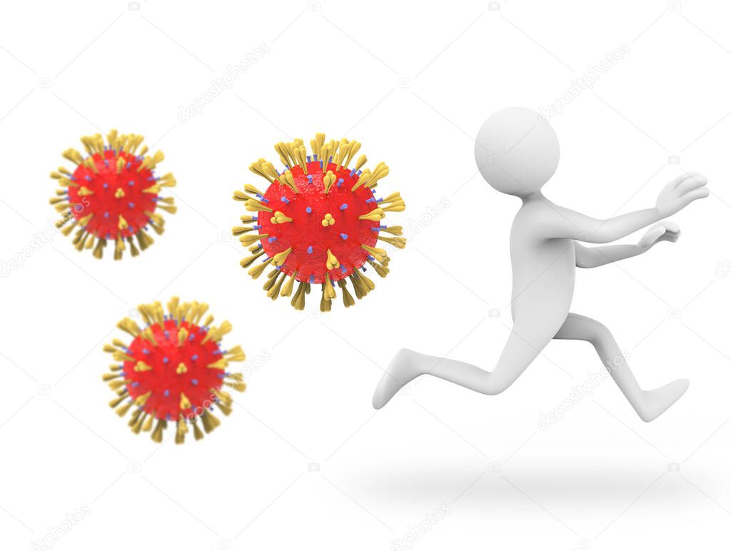 3D illustration of a cartoon man running from viruses - Corona virus chasing man