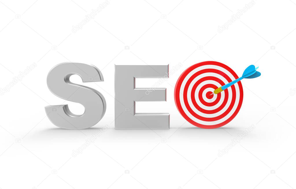 3D Illustration of SEO - Search engine optimization - with red and white dart game board