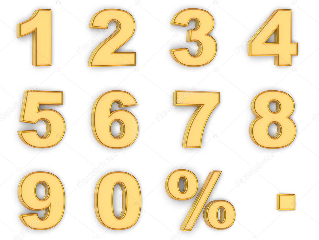 Numerical letters with percentage symbol and a dot symbol in gold color - 3D illustration