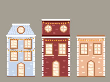 Kış sıcacık eski kasaba sokağı. Mutlu noel kartpostal vektör çizimleri. Çizgi film düz eleman kümesi