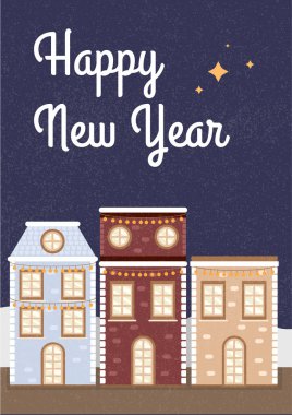 Mutlu yıllar tebrik kartı. Noel gecesi kar yağışı şehir manzarası