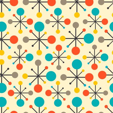 50 'lerin ortalarında modern atomik retro renkler kusursuz vektör deseni. Koleksiyonun bir parçası