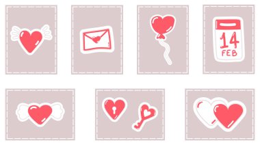 Kalpli, takvimli ve balonlu pembe kartları selamlamana bayılıyorum. Sevgililer günü çizilmiş vektör çizimleri setin kutlu olsun. Koleksiyonun bir parçası