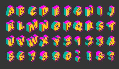 90s isometric neon alphabet. Vector set of colorful elements