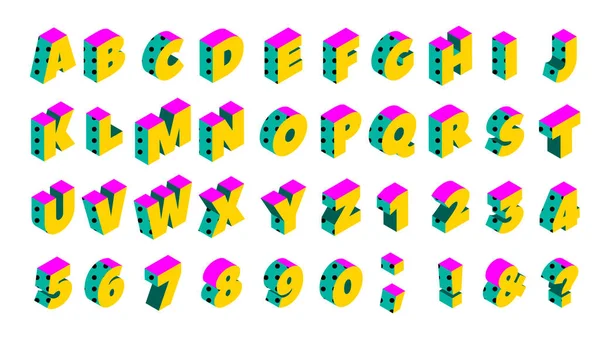 90S Isometric Memphis Dotted Alphabet Vector Set Colorful Elements — Stock Vector
