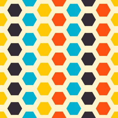 50 'lerin ortalarında modern altıgen retro renkler kusursuz vektör deseni. Koleksiyonun bir parçası