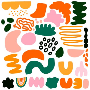 Farklı şekillere sahip soyut parlak renkli el çizimi elementler kümesi