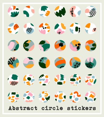 Soyut parlak yuvarlak çıkartma ya da hikayeleri kapsar. Farklı şekillerde 36 daire dizaynı