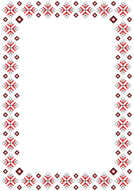 Bulgar Balkan ulusal folklor nakış tarzı kırmızı, beyaz ve siyah süslemeli sınır vektör çerçevesi