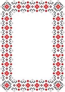 Bulgar Balkan ulusal folklor nakış tarzı kırmızı, beyaz ve siyah süslemeli sınır vektör çerçevesi