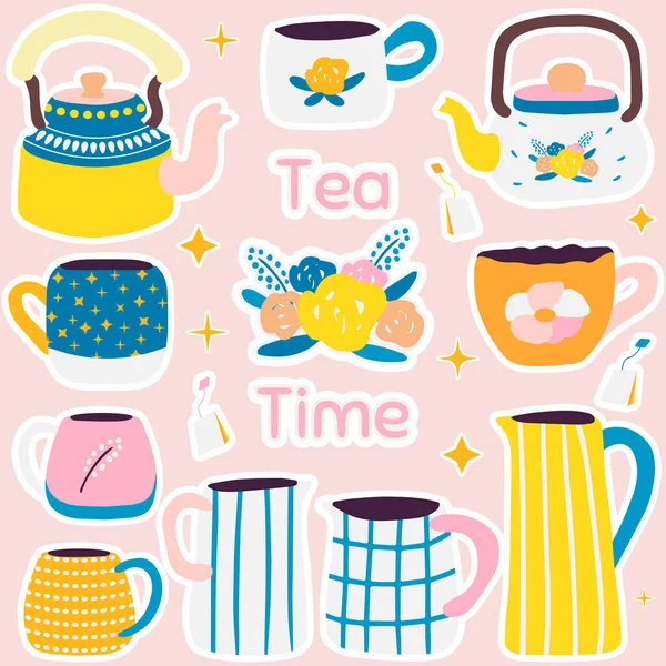 Tea Time Kitchenware Bright Set Vector Elements Hand Drawn Teapots — Stockvector
