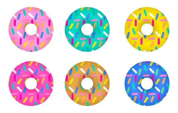 Donuts Con Esmalte Colores Aspersiones Vector Dibujado Mano Conjunto Ilustración — Archivo Imágenes Vectoriales