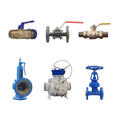 Beyaz arka planda izole edilmiş bir gaz boru hattı için çeşitli tasarımların modern kapatma valfleri 