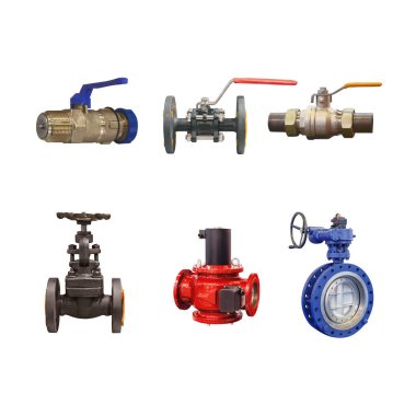 Beyaz arka planda izole edilmiş bir gaz boru hattı için çeşitli tasarımların modern kapatma valfleri 