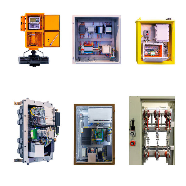 группа электрических шкафов различных конструкций и назначений, изолированных на белом фоне