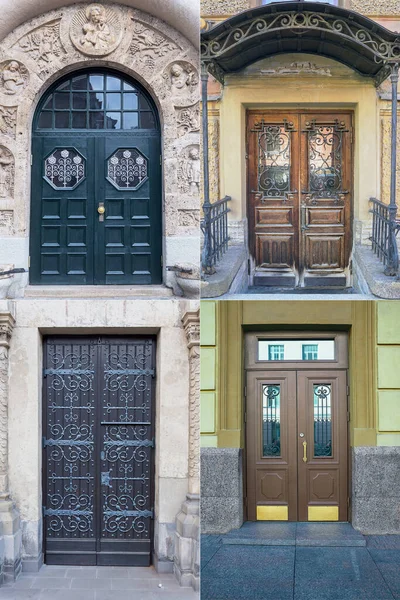 Quatro Portas Madeira Com Belo Acabamento Metal Decorativo Parte Histórica — Fotografia de Stock