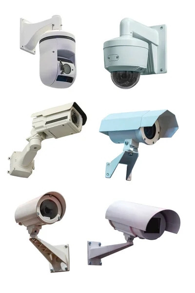 Sei Videocamere Moderne Monitorare Situazione Sull Oggetto Isolato Sfondo Bianco — Foto Stock