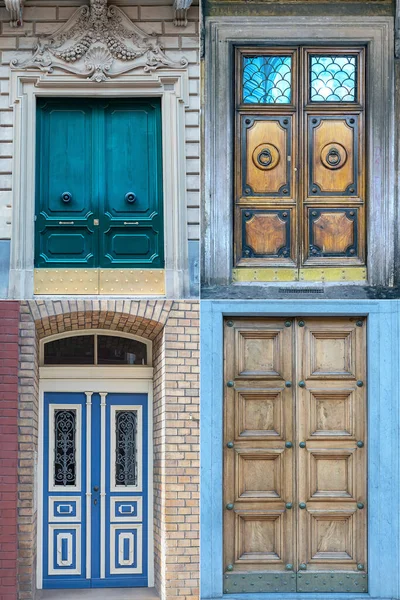 Quatro Portas Madeira Com Belo Acabamento Decorativo Parte Histórica Várias — Fotografia de Stock