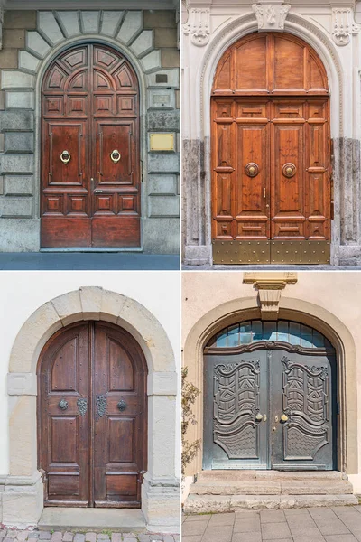 Quatro Portas Madeira Com Belo Acabamento Painéis Parte Histórica Diferentes — Fotografia de Stock