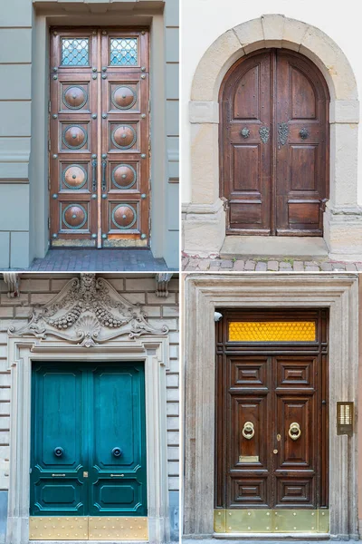 Quatro Portas Madeira Com Belo Acabamento Decorativo Parte Histórica Várias — Fotografia de Stock