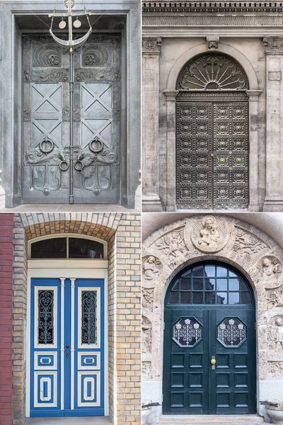 Quatro Portas Madeira Com Belo Acabamento Decorativo Parte Histórica Várias — Fotografia de Stock