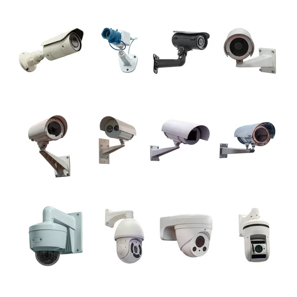 Twelve Modern Video Cameras Various Designs Monitoring Situation Facility Isolated — Stock Photo, Image