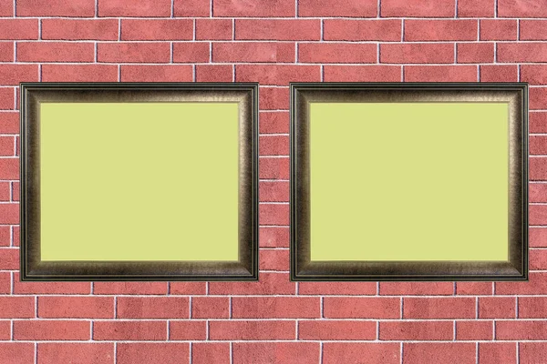 Two Wooden Frames Carved Pattern Paintings Brick Wall Background — Stock Photo, Image