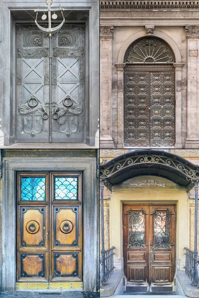 世界の異なる都市の歴史的な部分で美しい装飾的な金属仕上げと4つの木製のドア — ストック写真