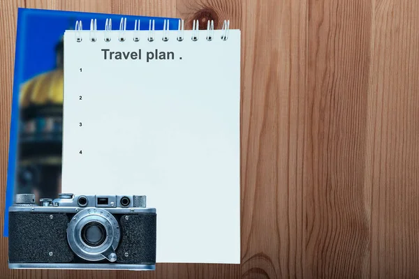 Wooden Table Old Camera Guidebook Travel Planning Notebook — ストック写真