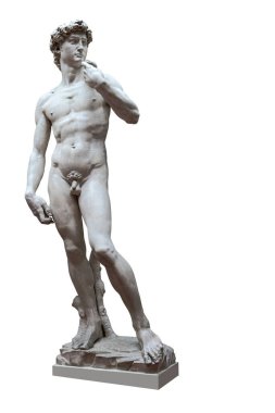 David Michelangelo 'nun beyaz arka planda izole edilmiş mermer heykelinin kopyası. Antik Yunan heykeli, kahraman heykeli