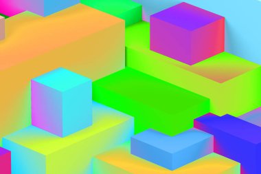 Neon ışıklı arka planda soyut geometrik holografik renkler. izometrik 3d oluşturucu.