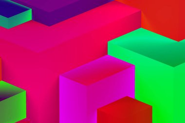 Neon ışıklı arka planda soyut geometrik kübik renkler. izometrik 3d oluşturucu.