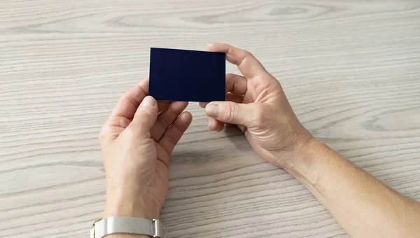 Hands Woman Holding Black Business Card Logos — Stock Photo, Image