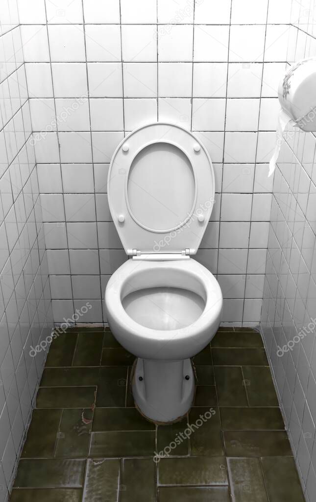 Retro restroom, white toilet in bathroom, Ceramic toilet bowl