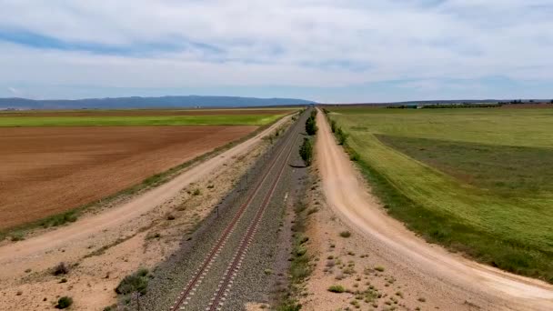 Railway Line Train Track Gets Lost Horizon Mountains Blue Sky — Stock Video